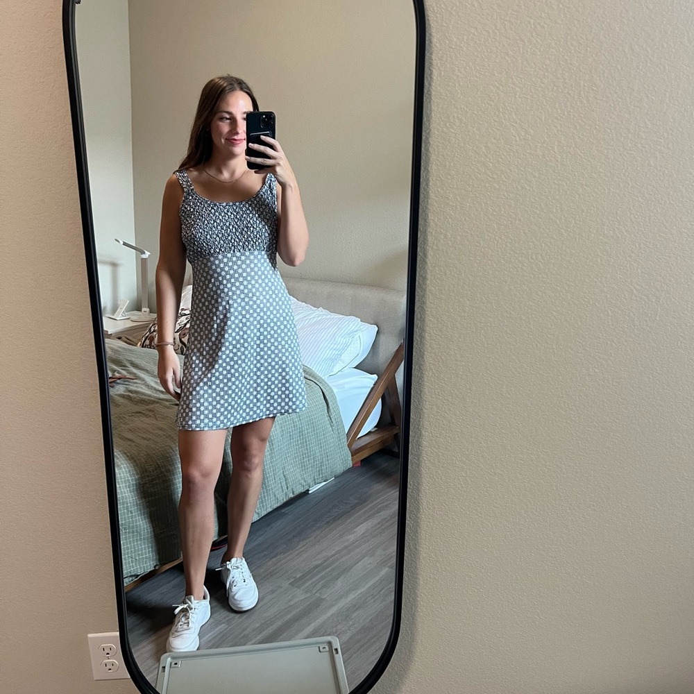 Blue and white floral print day dress